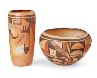 422
A Hopi Polychrome Pottery Bowl And Cup
20th century
Each unsigned
The three-color yellowware vessels, comprising a bowl with geometric motifs to body, and a cup with eagle feather motif
2 pieces
Bowl: 4.125" H x 6.875" Dia.; Cup: 6.875" H x 3.375" Dia.
Estimate: $300 - $500
