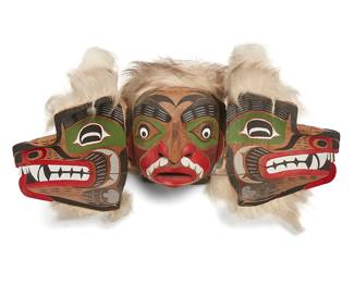 159
Simon Dick
b. 1951, Inuit
"Wolf Transformation"
Painted carved wood and animal pelt, articulated with string pulls
Signed and titled verso: Simon Dick
Closed: 14" H x 17" W x 13" D; Open: 28.5" W
Estimate: $800 - $1,200