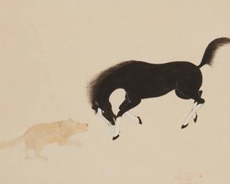 87
Louis (Wo Peen) Gonzales
1907-1990, San Ildefonso Pueblo
Horse And Dog
Watercolor on paper
Signed lower right: Wo Peen
Sight: 6.75" H x 9.5" W
Estimate: $300 - $500