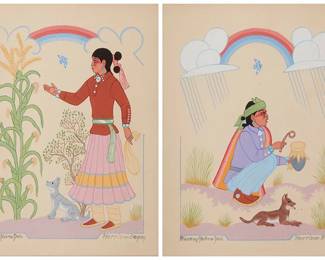 82
Harrison (Haskay Yahne Yah) Begay (1917-2012, Navajo/Diné)
Two works:

Native American with cornstalk
Gouache on paper
Signed lower left and right: Haskay Yahne Yah / Harrison Begay
Sight: 10" H x 8" W

Native American with rainbow and clouds
Gouache on paper
Signed lower left and right: Haskay Yahne Yah / Harrison Begay
Sight: 10" H x 8" W

2 pieces
Estimate: $400 - $600