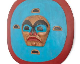 155
Ian Joseph
b. 20th century, Kwakiutil
"Moon Mask Portrait," 1985
Painted carved cedar wood
Incised signature, title, date, and inscription verso: Carved by: Ian Joseph / From Squamish Tribe / West Coast Salish
20.5" H x 20.375" W x 4" D
Estimate: $300 - $500