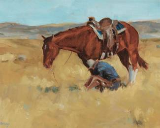 20
Joel Ostlind
b. 1954
"Hobbled"
Oil on Masonite
Signed lower left: Ostlind; titled on the artist's address card affixed to the frame's backing paper
9" H x 12" W
Estimate: $2,000 - $3,000