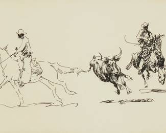 286
Attributed To Edward Borein
1872-1945
Cowboys Roping Steer
Ink on paper
Unsigned
14" H x 19" W
Estimate: $1,000 - $1,500