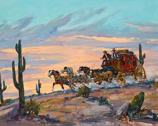 28
Marjorie Reed
1915-1996
"On The Sunset Trail"
Oil on canvas
Signed lower right: Marjorie Reed; signed again and titled in ink on a label affixed to the stretcher
24" H x 36" W
Estimate: $2,500 - $3,500