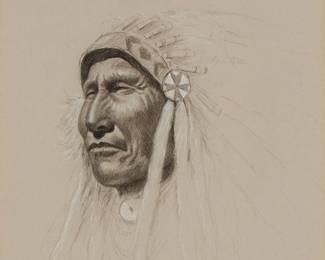 297
Paul Sollosy
1911-2012
Portrait Of A Chief
Charcoal and pastel on gray paper
Signed and monogrammed in pencil lower right: Sollosy
Sight: 16.75" H x 12.5" W
Estimate: $200 - $400