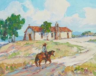 
62
Marjorie Reed
1915-1996
Cowboy And Church
Oil on canvasboard
Signed lower right: Marjorie Reed
14" H x 18" W
Estimate: $1,000 - $1,500