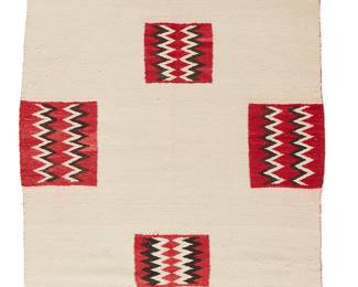 220
A Navajo Double Saddle Blanket
Early 20th century, Diné
Woven in red, cream, and dark brown wool, with floating blocks of geometric designs
37.25" H x 57" W
Estimate: $500 - $700