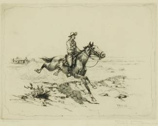 295
Herman Wendelborg Hansen
1854-1924
"Boss Of The Rancho," 1924
Etching on paper
From the edition of unknown size
Initialed and dated in the plate at lower right: HWH; titled and inscribed: "etching by H. W. Hansen / printed by Armin Hansen, his son," all in pencil, in the lower margin
Plate: 6" H x 7.5" W; Sight: 6.5" H x 8.125" W
Estimate: $200 - $400