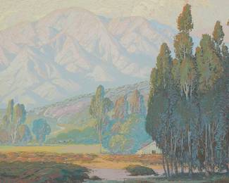 34
Fred Grayson Sayre
1879-1939
Mountain View With Trees, Circa 1923
Oil screenprint on board
From the edition of unknown size
Signed in the image lower left: F Grayson Sayre; Printed lower right: © 1923 Tonge Art Co. LA, CA
19" H x 25" W
Estimate: $500 - $700