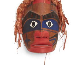 172
Tim Paul
b. 1950, Hesquiaht/Nuu-chah-nulth
"Nootka Mask," 1975
Painted carved wood and cedar bark
Signed, titled, and dated verso: Tim Paul
Overall: 11.5" H x 11" W x 7.5" D
Estimate: $200 - $400