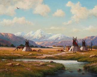 279
Heinie Hartwig
b. 1937
"Cheyenne (Colorado Camp)"
Oil on Masonite
Signed lower left: Heinie Hartwig; titled verso
18" H x 24" W
Estimate: $1,500 - $2,000
