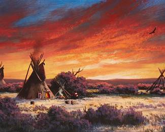 110
Heinie Hartwig
b. 1937
"Winter Sunset"
Oil on Masonite
Signed lower right: Heinie Hartwig; titled verso
12" H x 24" W
Estimate: $1,200 - $1,800