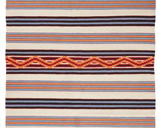 223
A Contemporary Third Phase-Style Area Rug
Early 21st century
Woven in black, red, cream, pale orange, and light blue wool, with banded and zig zag motifs
69" H x 95.5" W
Estimate: $400 - $600