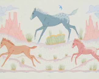 81
Harrison (Haskay Yahne Yah) Begay
1917-2012, Navajo/Diné
Running Horses
Gouache on paper
Signed lower left and right: Haskay Yahne Yah / Harrison Begay
Sight: 14" H x 22" W
Estimate: $500 - $700