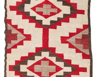 210
A Navajo Regional Rug
Early 20th century, Diné
Woven in red, cream, brown, light brown, and natural grey/brown wool with conjoined stepped diamonds at center and arrows at corners
47.5" H x 67.5" W
Estimate: $400 - $600