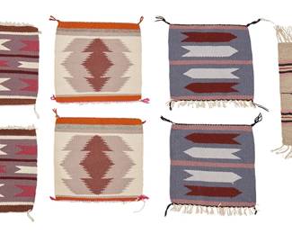 234
A Group Of Southwest Table Weavings
Late 20th/early 21st century, Diné
The single with a cloth tag: Ortega's Weaving Shop / Chimayo, New Mexico
Each woven in a variety of earth toned and pink wool, with various geometric and banded motifs, comprising three pairs of mats and a single mat
7 pieces
Largest: 10" H x 15" W; Smallest: 11.75" H x 13" W
Estimate: $200 - $400