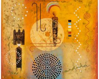 75
Dan Namingha
b. 1950, Hopi-Tewa
"Symbolism #3," 2010
Acrylic on canvas
Signed lower right: D. Namingha; signed again, titled, dated, and with the artist's copyright, all verso; numbered AC1722 along the top of the wrapped canvas, verso
48" H x 48" W
Estimate: $3,000 - $5,000
