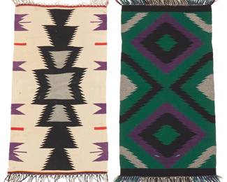 215
Two Navajo Germantown Throws
Late 19th/early 20th century, Diné
Comprising a small throw woven green, purple, black, and grey wool, with double concentric diamond motif, and a smaller throw woven in cream, red, purple, grey, and black wool, with serrated central column
2 pieces
Green diamond: 19" H x 37.5" W; Cream ground: 19.5" H x 36" W
Estimate: $500 - $700