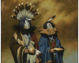 269
Allen Bahe
b. 1959, Navajo/Diné
"The Great Ceremonial Blessings"
Acrylic on canvas
Signed and with the artist's device, lower left: Bahe; signed again and with the artist's device, titled, and inscribed in pencil, all verso: (Talking God- Female Yei- Navajo)
16" H x 16" W
Estimate: $500 - $700