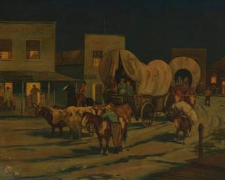 241
Geoffrey Holt
1882-1977
"Nevada House"
Oil on canvas
Signed lower right: Geoffrey Holt; titled on a handwritten tag tied to hanging wire; inscribed on the stretcher: Used for Bekins / calendar 1948
25" H x 30" W
Estimate: $600 - $800