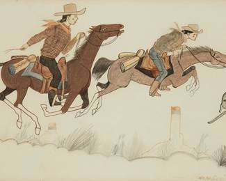 92
Andy (Andrew) Van Tsihnahjinnie
1916-2000, Navajo/Diné
Figures On Horseback Chasing A Hare, 1940
Watercolor and ink on paper
Signed and dated lower right: Tsihnahjinnie
Sight: 7.625" H x 12" W
Estimate: $300 - $500