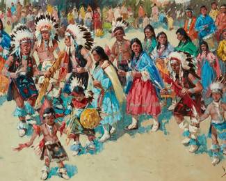 95
Vladan Stiha
1908-1992
"Dances Indio," 1970
Oil on canvas
Signed and dated lower right: V. Stiha; titled and inscribed in pencil on the stretcher, verso: San Juan Poeblo [sic] New Mex; titled and dated again on a gallery information sheet affixed verso
24" H x 36" W
Estimate: $2,000 - $3,000