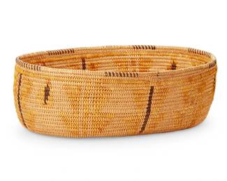 126
A Panamint Polychrome Basket
Early 20th century; Central California
The coiled basketry oval bowl with columns of stacked triangles and rim ticking
3.5" H x 10.75" W x 7.5" D
Estimate: $700 - $900