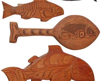 188
Four Northwest Coast Carved Wood Salmon Plaques
Four works:

Rick Smoker (active 20th century)
"Thompson," 1983
Signed, titled, dated, and inscribed verso: Rick Smoker / Paddle & Salmon / Aug. 24/83; with sticker applied verso: canadiana collection
8.625" H x 24" W x 0.75" D

Doug Harper (b. 20th century, Kwakiutl)
A polychrome salmon plaque, late 20th century
Incised signature verso: Doug Harper
4" H x 15.5" W x 0.625" D

Cecil Wadhams (b. 20th century, Tseshaht)
"Salmon"
Signed, titled, and inscribed verso: Cecil Wadhams / Albert Bay B.C.
5.875" H x 14.875" W x 0.75" D

Dick Joseph (active 20th century)
"Salmon," 1985
Signed, dated, and titled verso: Dick Joseph / 1/85
10.5" H x 24" W x 2" D

4 pieces
Estimate: $300 - $500