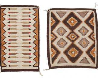 228
Two Navajo Regional Rugs
Mid/late 20th century, Diné
Comprising an eyedazzler rug woven in mustard, dark brown, cream, and natural grey/brown wool, and a pictorial rug woven in mustard, dark brown, cream, red, beige, and natural grey/brown wool featuring two rows of feathers to center and a sawtooth border at two edges
2 pieces
Eyedazzler: 33.5" H x 39" W; Feathers: 25" H x 42" W
Estimate: $400 - $600