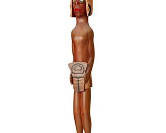 181
Van Joseph
b. 1964, Squamish
"Man With Bear Holding Copper Mask," 1984
Painted carved wood, abalone shell, and copper
Inscribed signature, date, title, and inscription to underside: Van Joseph / Squamish Tribe; With sticker applied to underside: N.W. Coast Ethnic Art / RJL / Olympic Hotel / Seattle
15" H x 3.75" W x 2.875" D
Estimate: $500 - $700