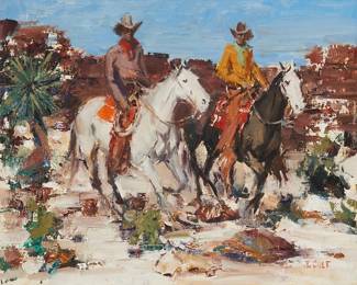 58
James Colt
1922-2005
"Riders Of The Pitchfork"
Oil on Masonite
Signed lower right: J. Colt; titled verso
16" H x 20" W
Estimate: $500 - $700