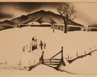 299
Gene Kloss
1903-1996
"New Mexican Winter," 1934
Etching and aquatint on wove paper
From the edition of 50
Signed and tilted in pencil in the lower margin: Gene Kloss
Plate: 10" H x 13.75" W; Sight: 10.5" H x 14.5" W
Estimate: $700 - $900