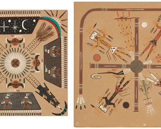 488
Two Navajo Sand Paintings
Two works:

Ernest Hunt (b. 20th century, Diné)
"The Holy Men & Holy Plants," 1979
Pulverized stone on particle board
Signed, dated, and titled verso: Ernest Hunt / 3/6/79; further inscribed by artist verso, with a paper clipping from "The Arizona Republic: Sun Living" about the artist
16" H x 16" W

Jerome Begay (b. 20th century, Diné)
"Storm Figure"
Pulverized stone on particle board
Signed and titled verso: Jerome Begay
Sight: 12.625" H x 12.625" W

2 pieces
Estimate: $200 - $400