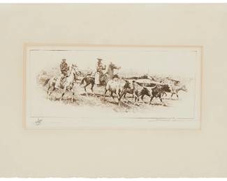 284
Edward Borein
1872-1945
"Parting Cattle"
Etching and drypoint in brownish-black ink on wove paper
From the edition of unknown size
Signed and with the artist's remarque in pencil at the lower margin: Edward Borein
Plate: 3.625" H x 8.5" W; Sheet: 9.5" H x 12.5" W
Estimate: $1,000 - $2,000