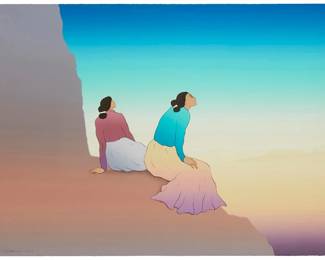252
R.C. Gorman
1932-2005, Navajo/Diné
"Enchanted Mesa," 1989
Lithograph in colors on paper
Edition: 34/224
Signed, dated, and numbered in pencil along the lower edge of the image: RC Gorman; titled on a label affixed to the frame's backing paper; Western Graphics Workshop, prntr./pub.; with the artist's blindstamp at the center of the lower the lower edge
Image/Sheet: 29" H x 41.25" W
Estimate: $600 - $800