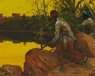 271
Robert Wesley Amick
1879-1969
"The Watchers"
Oil on canvas
Signed lower left: Robert Wesley Amick; titled on a gallery information sheet affixed to the frame's foamboard backing
18" H x 30" W
Estimate: $2,000 - $3,000