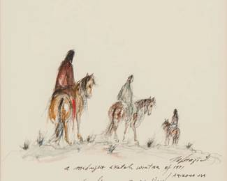 85
Ted DeGrazia
1909-1982
"Indios A Donde Van," 1971
Watercolor and ink on paper
Signed and with the artist's device: DeGrazia; also titled, dated, and inscribed in ink directly below the image: a midnight sketch winter of 1971 / Arizona USA
Sheet: 11" H x 8.5" W
Estimate: $1,000 - $1,500