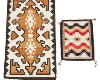 224
Two Navajo Regional Rugs
Mid-20th century, Diné
Comprising a Two Grey Hills rug woven in black, cream, and tan wool, with conjoined stepped diamond motif, and a small mat woven in red, cream, tan, and black wool, with central elaborate diamond motif centering elaborate zig zags
2 pieces
Larger: 27" H x 48" W; Smaller: 18" H x 23.25" W
Estimate: $200 - $400