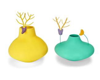 336
Thomas Fontaine (B. 20th Century)
Two stag head jars, 1986/1987
Each signed to underside: Thomas Fontaine; one dated: '86; one dated: '87
The painted ceramic jars with mounted stag heads, each set inside an acrylic box
2 pieces
Larger: 9.125" H x 7" Dia.; Smaller: 7.75" H x 7.325" Dia.
Estimate: $400 - $600