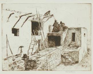 293
Edward Borein
1872-1945
"The Moon Queen's House, Walpi"
Etching and drypoint on wove paper
From the edition of unknown size
Signed in pencil in the lower margin, at right: Edward Borein
Plate: 7" H x 9.25" W; Sight: 7" H x 9.25" W
Estimate: $700 - $900