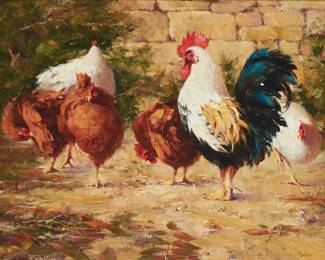 43
Robert A. Johnson
b. 1942
Hens And Chickens
Oil on board
Signed lower right: Johnson
16" H x 20" W
Estimate: $700 - $900