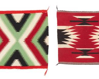 216
Two Navajo Germantown Throws
Late 19th century, Diné
Comprising one larger throw woven in red, pale green, cream, and black wool, with central X motif, and a smaller throw woven in red, cream, black, and grey wool, with various serrated motifs
2 pieces
Larger: 20" H x 21" W; Smaller: 18.5" H x 18.75" W
Estimate: $400 - $600