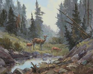 6
Bill Freeman
1927-2012
"Doe And Two Fawns"
Oil on canvas
Signed lower right: Bill Freeman ©; titled on a gallery label affixed to the frame's cardboard backing
20" H x 24" W
Estimate: $1,000 - $2,000