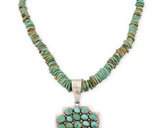 361
An Ella Peter Navajo Sterling Silver And Turquoise Necklace
Ella Peter (b. 20th century, Diné)
Stamped: Ella Peter / Sterling
A large silver and cluster-set turquoise cross pendant suspended from a graduated strand of chunky cylindrical turquoise beads, 2 pieces
19-21" L x 3.5" H
141.5 grams gross
Estimate: $300 - $500