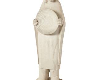 93
Doug Hyde
b. 1946, Nez Perce/Assiniboine/Chippewa
"Second Mesa Basket Dancer," 1982
Carved Indiana limestone
Incised signature to base: D. Hyde; possibly dated illegibly; signed and inscribed to included pamphlet with a horse cipher
66" H x 19" W x 13" D
Estimate: $10,000 - $15,000