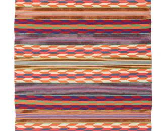 222
A Navajo Weaving
Late 20th century, Diné
Woven in bright multicolor wool, with banded and arrow feather motifs
30.5" H x 40.25" W
Estimate: $200 - $400
