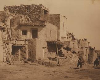 304
Karl Moon
1879-1948
Hopi Village
Photogravure on paper
Signed in ink lower left: Karl Moon; Fred Harvey, prntr., with their blindstamp and copyright [1908] lower right corner
Image/Sheet: 14.5" H x 20.5" W
Estimate: $400 - $600
