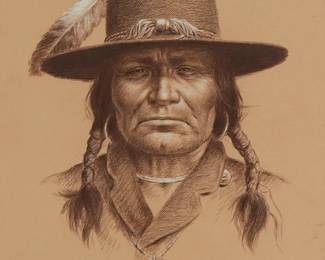 261
Bill Hampton
1925-1977
"Navajo Chief"
Charcoal and pastel on light brown paper
Signed lower right: Bill Hampton; titled and inscribed in pencil, possibly in another hand, verso
Image/Sheet: 20" H x 16" W
Estimate: $500 - $700