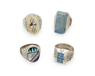 451
A Group Of Southwest Silver And Stone Inlay Rings
Late 20th century
Three marked for sterling and for artist: C Benally / Pyne / Hustito Zuni NM
Four silver and stone inlay rings including a Chester Benally Navajo blue stone inlay ring with chased silver shoulders, a Zuni shell and multistone inlay ring with sunface motif, as well as a lapis lazuli, coral and multistone oval inlay ring with geometric motifs, and a chunky ring with large rectangular bluestone inlay, 4 pieces
Largest: ring size: 13; smallest: ring size: 12
75.8 grams gross
Estimate: $300 - $500