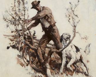 64
20th Century American Illustration School
Man with dog
Oil on canvasboard
Signed indistinctly lower left
Sight: 22.5" H x 22.5" W
Estimate: $800 - $1,200